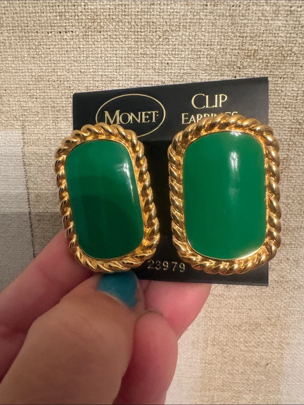 Deadstock Mint Monet Gold-Tone Clip Earrings with Green Enamel Centers